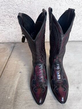 J Chisholm Mens Burgundy Black Cowboy Boots 9.5 EE Ostrich Leg